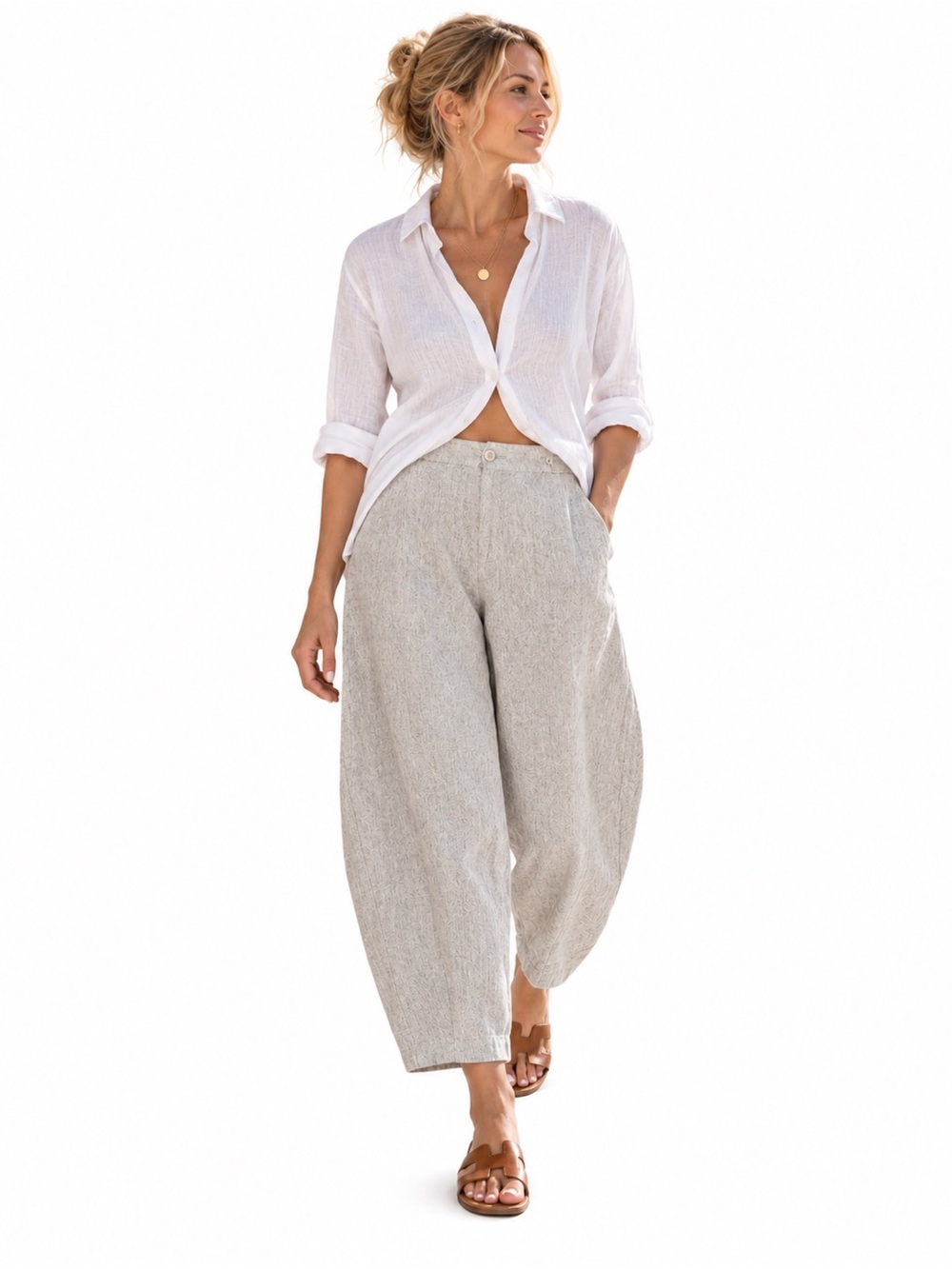 TRANSIT PAR-SUCH Barrel Leg Crop- Lightweight Linen Blend Pants - Made in Italy